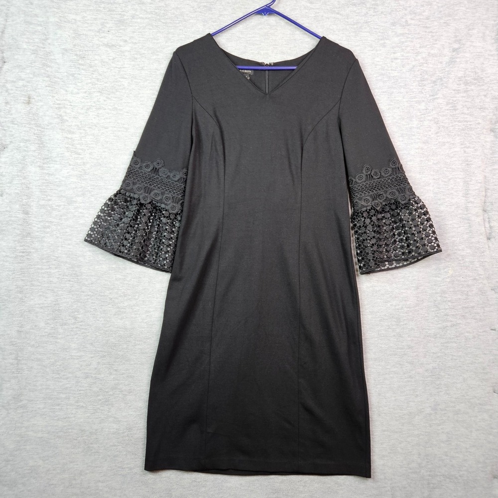 Talbots Womens Black Ponte V-Neck Sheath Dress Crochet Lace Bell Sleeve Size 6